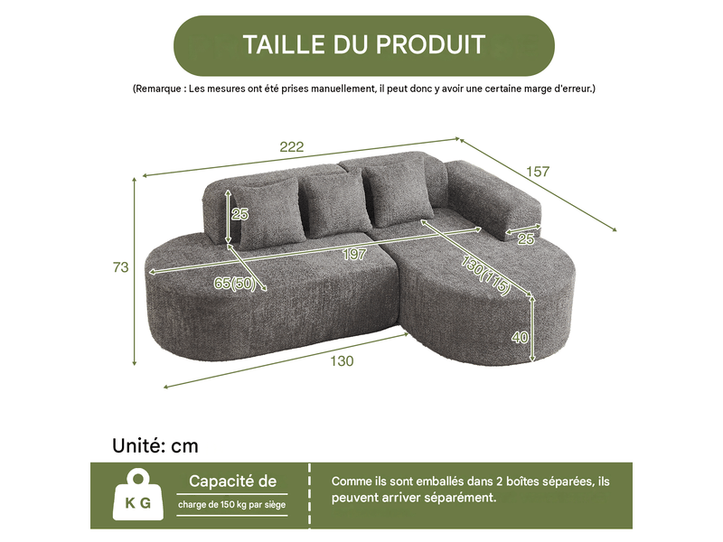  Canapé d’angle droit 3 places en chenille gris anthracite, 222 x 157 x 73 cm Fay Lum - Conforama C