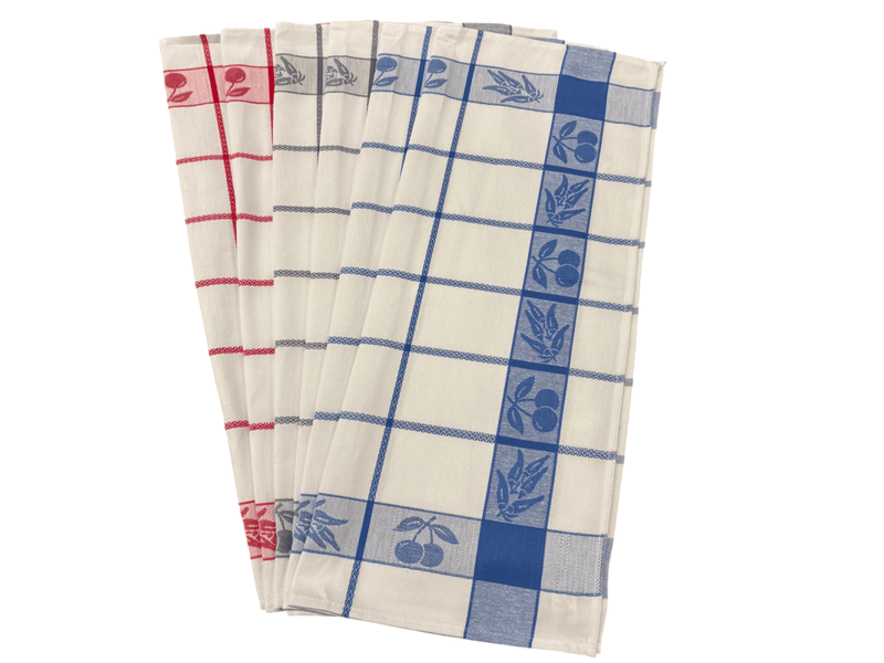  Lot de 6 torchons à carreaux motif cerises bleu, rouge et gris 100% coton jacquard 50x70cm  - Conforama A