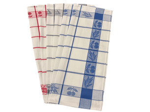 Lot de 6 torchons à carreaux motif cerises bleu, rouge et gris 100% coton jacquard 50x70cm