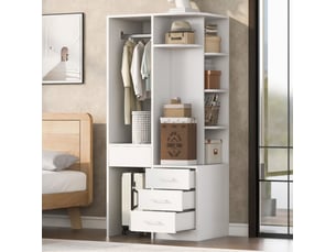 Armoire avec 1 porte, étagères ouvertes, tiroirs et penderie, pour chambre, en mdf, blanc, 70 × 55 × 175 cm