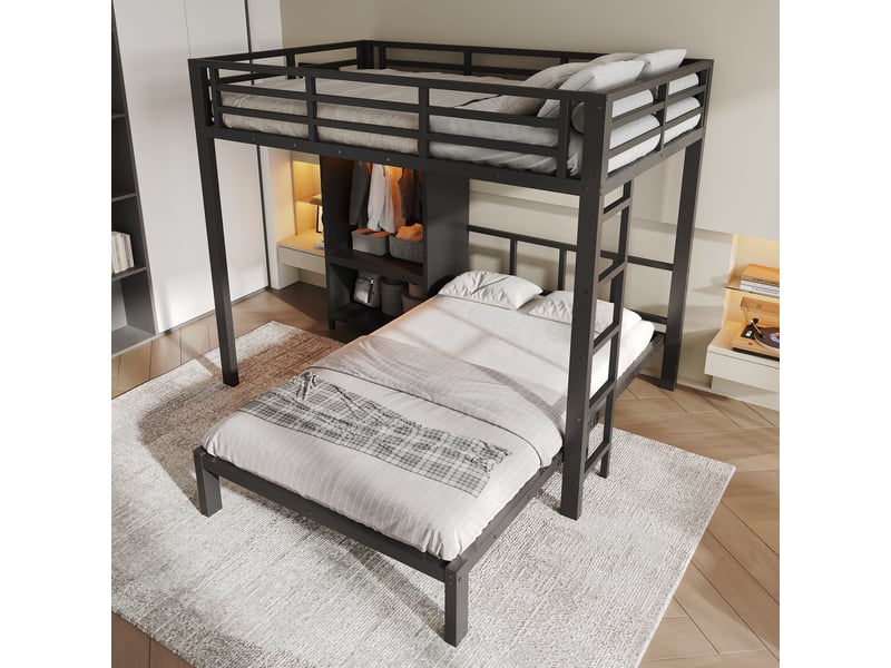  Lit superposé 120x200 cm en métal avec 2 couchages, armoire intégrée et éclairage led, échelle droite et barrières de sécurité - noir  - Conforama D