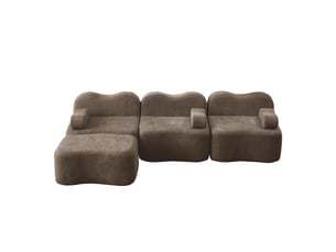 Canapé d'angle modulable 3 places en velours marron, structure sans ossature avec coussins mobiles et ottoman intégré pour salon moderne