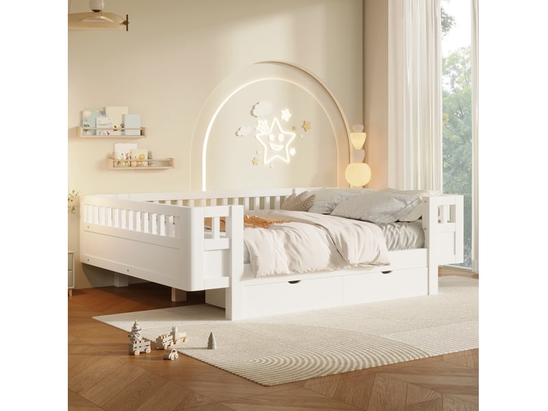  Lit plateforme enfant 140 x 200 cm, barrières hautes, 2 tiroirs, blanc  - Conforama E