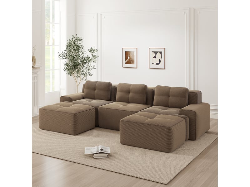  Canapé modulable en u 293x177x69 cm 3 places, sans montage, confort nuage, pouf, en velours côtelé, marron  - Conforama B