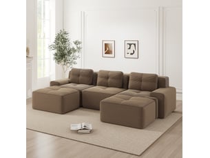Canapé modulable en u 293x177x69 cm 3 places, sans montage, confort nuage, pouf, en velours côtelé, marron