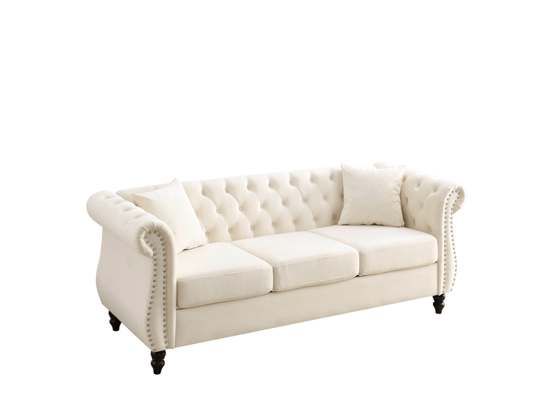  Canapé droit chesterfield 3 places en velours beige, dossier capitonné, accoudoirs arrondis, clous argentés, pieds en bois d’hévéa, assise à ressorts  - Conforama A