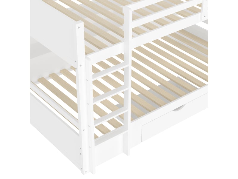  Lit superposé 2x90x200 cm blanc en pin, rangements latéraux, tiroir sous le lit et garde-corps hauts, sans matelas  - Conforama E