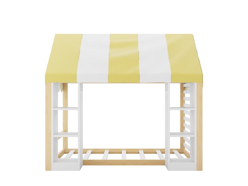 Lit enfant 90×200 cm avec baldaquin, rangements ouverts, structure bois blanc et naturel  - Conforama D