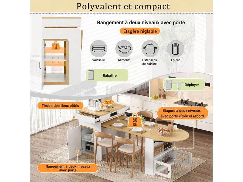  Desserte de cuisine extensible avec 2 tiroirs, led et rangement 55-194×80×95,5 cm en mdf blanc  - Conforama C