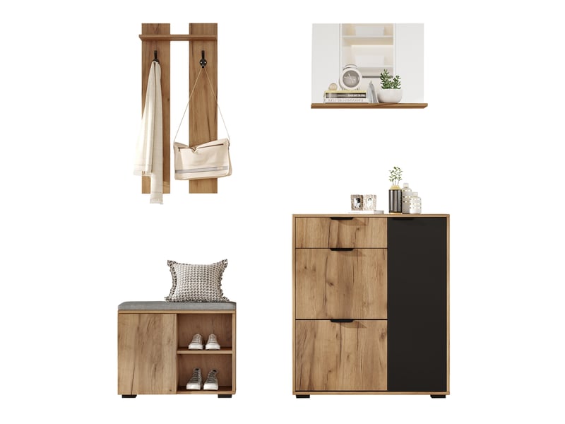  Ensemble vestiaire d'entrée 140x35x139 cm avec banc à chaussures panneau de particules naturel et noir  - Conforama A
