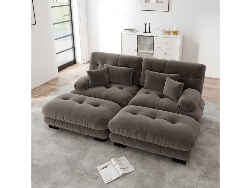  Canapé modulaire confortable avec dossier profond, coussins lombaires et ottomans, en chenille, marron  - Conforama B