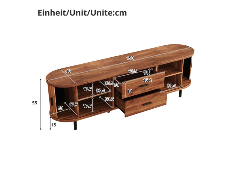  Meuble tv avec 2 portes coulissantes, 2 tiroirs et rangements ouverts, pour salon, noyer, 150 × 40 × 55 cm  - Conforama D