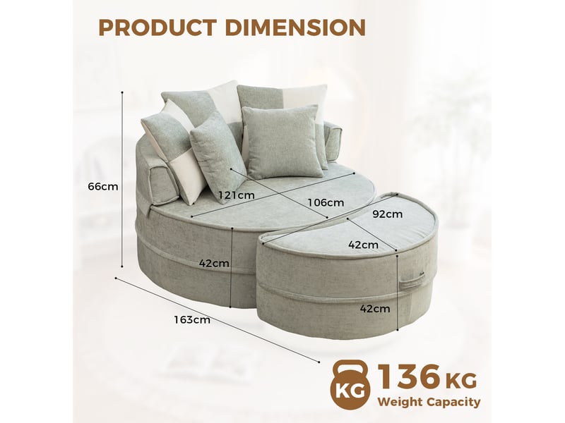  Fauteuil avec pouf rond avec 5 coussins et assise profonde, confort enveloppant, en chenille vert menthe  - Conforama D