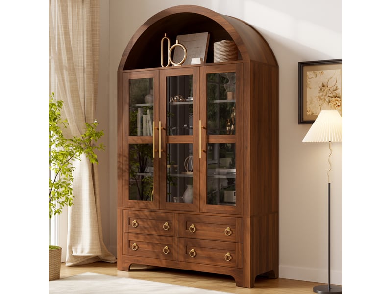  Vitrine haut 110x40x185 cm coloris noyer avec 3 portes vitrées et 4 tiroirs  - Conforama D