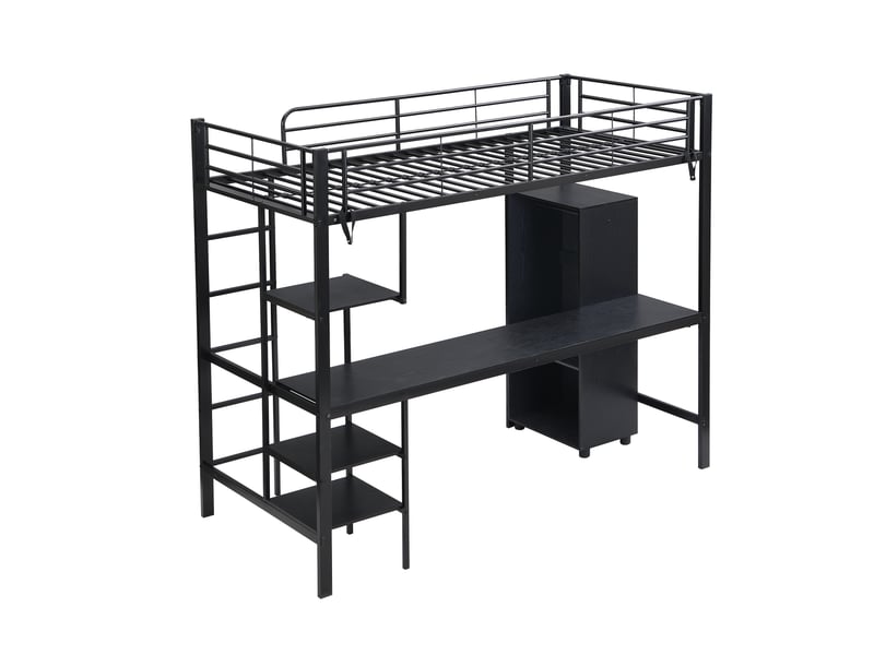  Lit superposé en fer, idéal pour enfants et adolescents, avec table et armoire, nombreux rangements, échelle à 5 marches, fer et panneaux de particules, noir, 90 x 200 cm  - Conforama E