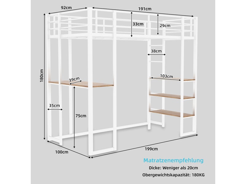 Lit mezzanine 90x190 cm, lit enfant avec bureau, étagères ouvertes, en métal blanc, sans matelas  - Conforama C