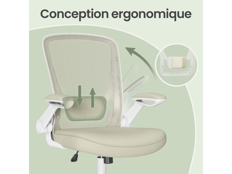  Fauteuil de bureau ergonomique, assise large 53 cm, accoudoirs rabattables, chaise de travail, support lombaire, tissu maille, pour chambre ou bureau, beige  - Conforama C