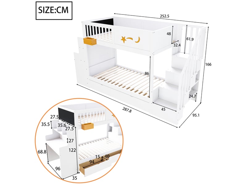 Lit superposé enfant 90 x 200 cm blanc avec bureau intégré, escalier de rangement, tiroirs sur roulettes et cadre en pin massif - Conforama C