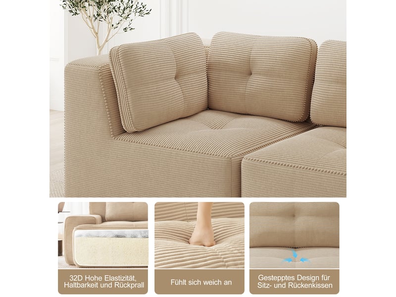 Canapé d'angle modulable 4 places, canapé d'angle beige en velours côtelé avec pieds antidérapants et structure stable - Conforama W