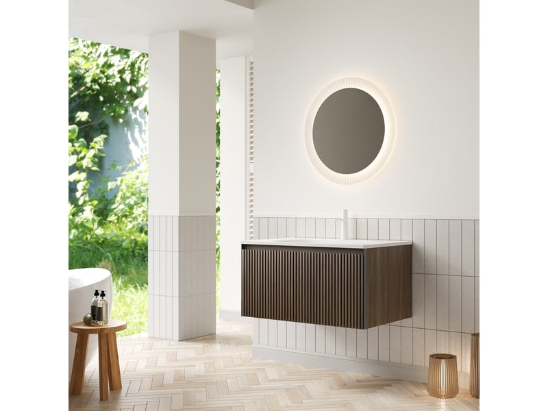  Meuble vasque suspendu avec tiroir - lpospi - fermeture douce, résine et bois multiplis - chêne marron, blanc  - Conforama E