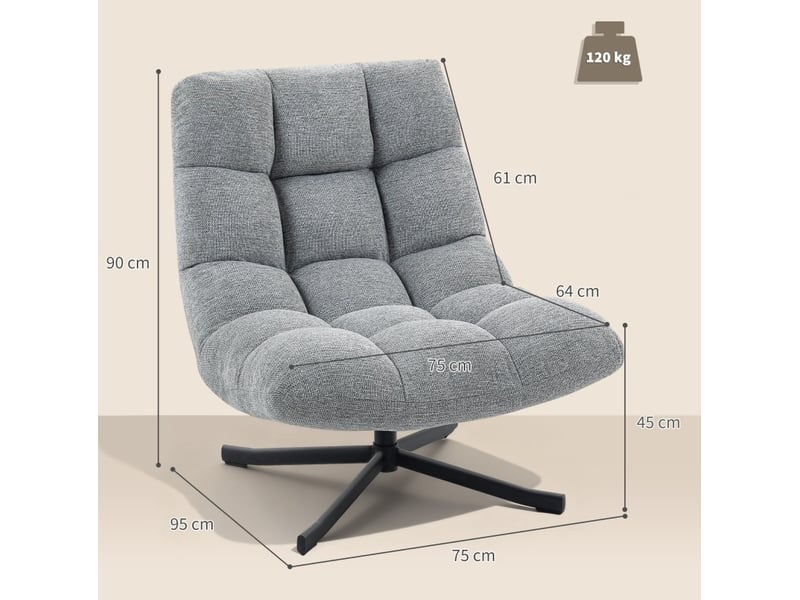  Fauteuil lounge pivotant gris en polyester, assise large et pieds en acier  - Conforama C