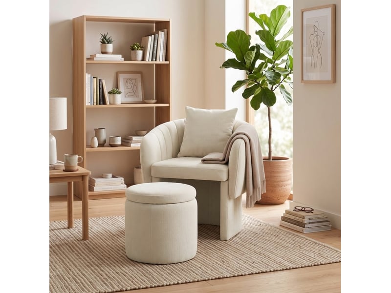  Fauteuil avec repose-pieds et coussin lombaire 72x62x70 cm en chenille beige  - Conforama E