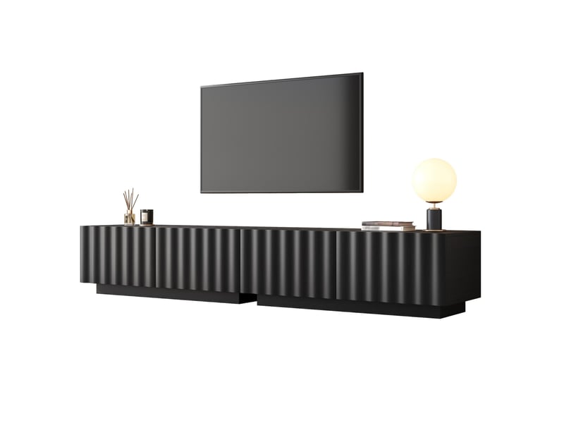  Meuble tv noir 200x40x35 cm avec façade ondulée, tiroirs, push-to-open et passe-câbles  - Conforama A