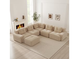 Canapé modulable, canapé de salon, en velours, beige, livré monté, avec pouf, pour salon, mobilier pour espace de vie, bureau