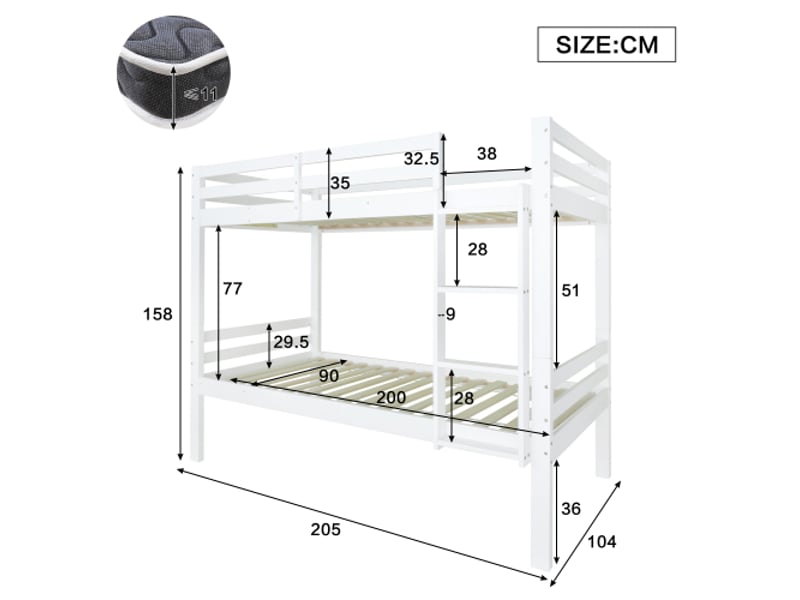  Lit superposé 90x200 cm, lit enfant avec échelle d'angle et protection antichute, en bois, blanc, sans matelas  - Conforama D