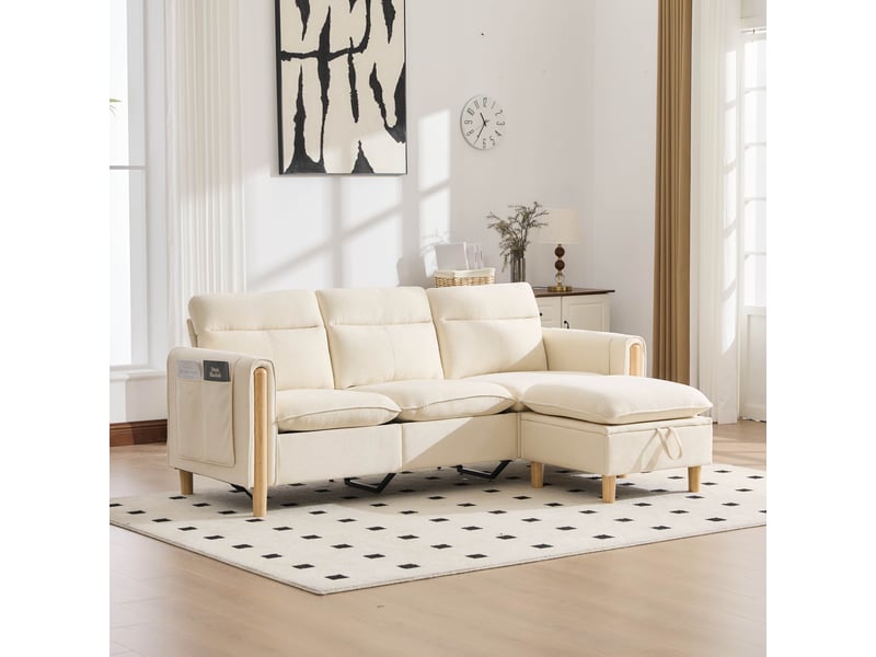  Canapé d’angle modulable 3 places avec méridienne réversible et coffre, poches latérales, pieds en bois massif, tissu chenille, beige  - Conforama B
