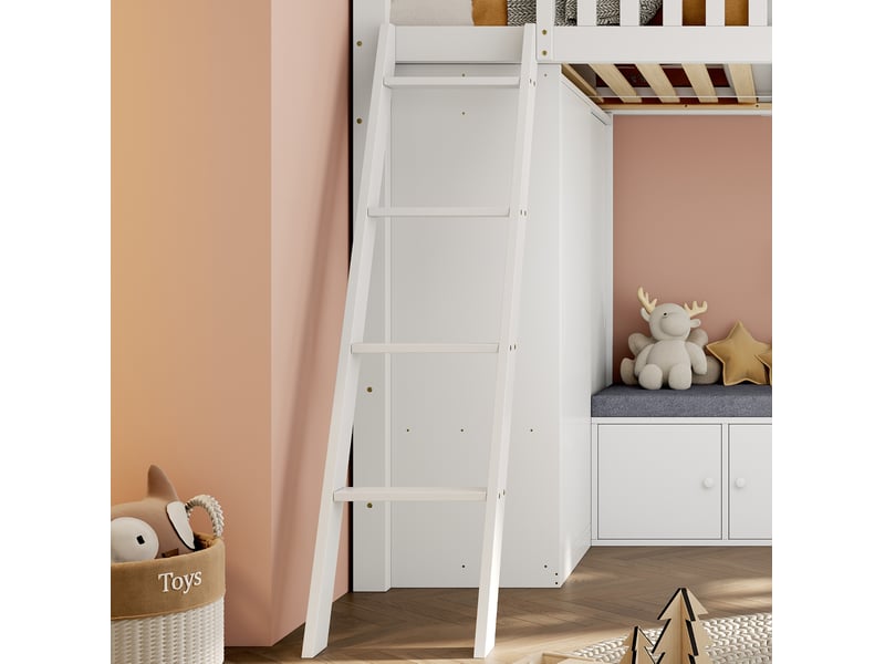  Lit mezzanine enfant tcqpz 90 x 200 cm avec rangement, armoire, étagères et banquette blanc et naturel  - Conforama B