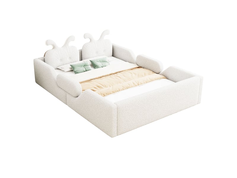 Lit enfant 90 x 200 cm, lit plateforme rembourré blanc avec barrières de sécurité, tête de lit et coussin oreilles de lapin, cadre mdf et contreplaqué - Conforama E