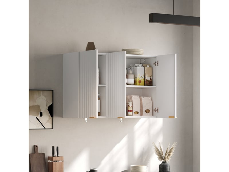  Armoire murale avec 3 portes à relief ondulé et poignées dorées pour cuisine ou salle de bain en mdf blanc 90 × 29 × 60 cm  - Conforama C