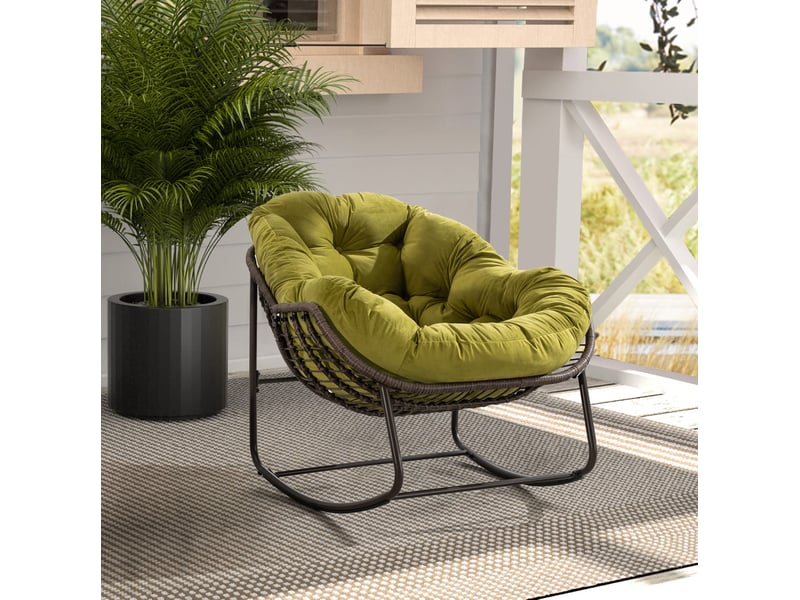 Fauteuil à bascule extérieur en résine tressée vert olive avec coussin, structure acier et mouvement doux - Conforama B