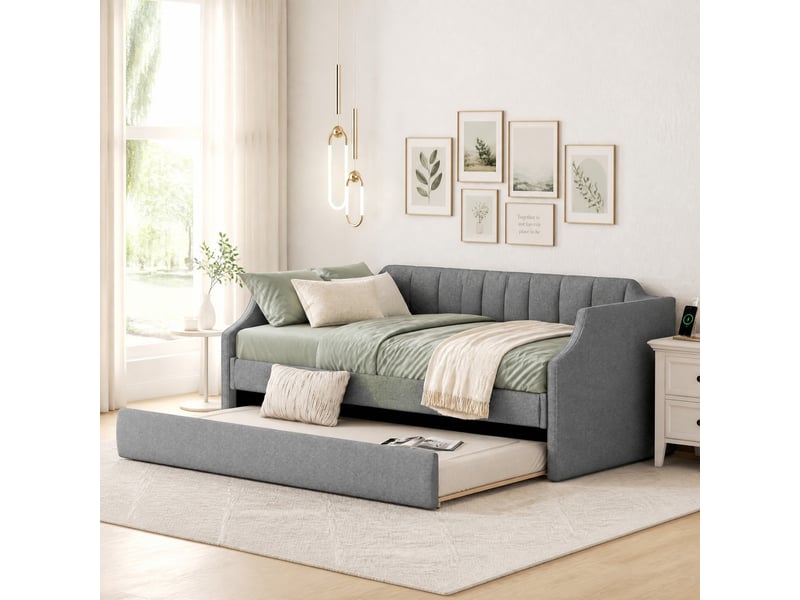  Lit banquette simple 90×200 cm avec lit gigogne 90×190 cm  - roulettes, sans matelas, tissu gris  - Conforama C
