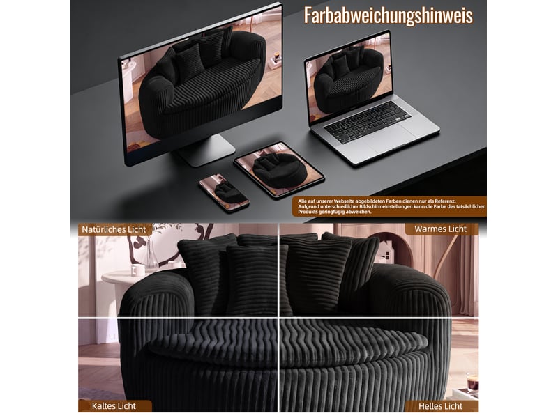  Fauteuil lounge 1 place en velours côtelé noir, 5 coussins et assise profonde pour vos moments de détente  - Conforama D