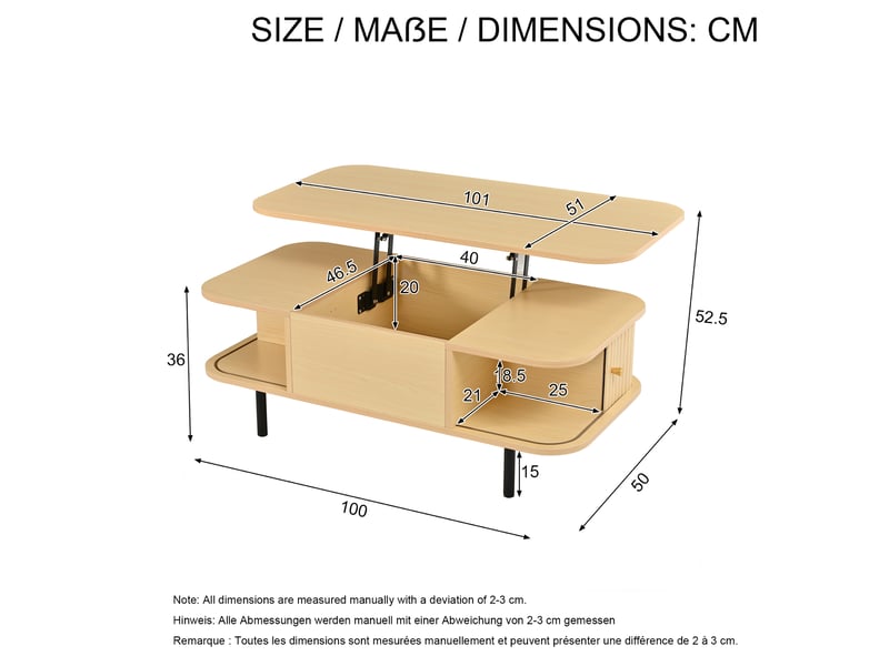  Table basse relevable avec rangement, table salon en mdf coloris naturel, 101x51x52.5 cm  - Conforama C
