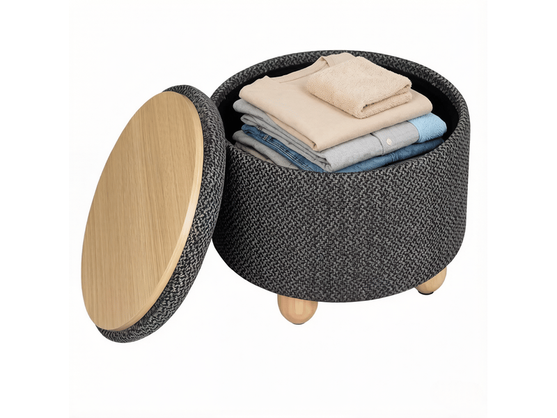 Pouf rond avec rangement et plateau réversible en lin gris foncé  - Conforama A