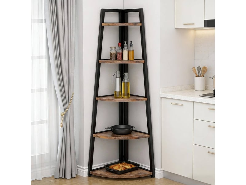  Bibliothèque d'angle avec 5 étagères, structure en métal et bois, pour salon, chambre ou cuisine, noir et marron rustique  - Conforama D