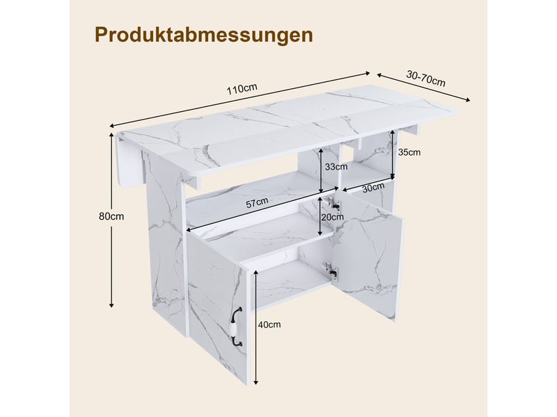 Table de bar pliable - 110x70x80 cm effet marbre blanc - desserte mobile multifonctionnelle avec 5 étagères et roulettes - Conforama B