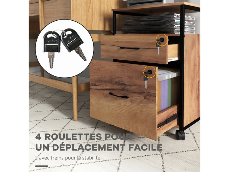  Caisson bureau mobile avec 2 tiroirs, marron, meuble rangement bureau sur roulettes avec barres pour dossiers  - Conforama W