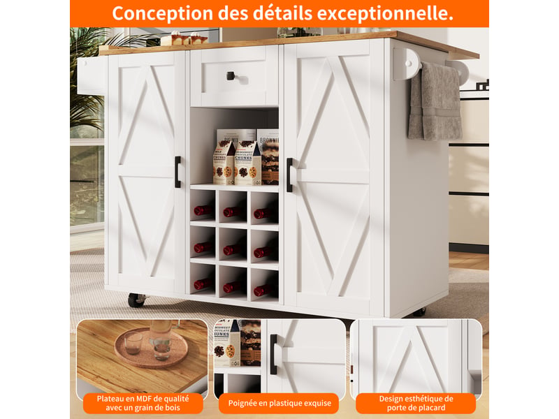 Îlot de cuisine multifonction - 137,5x65x95,6 cm déplié - 137,5x40x95,6 cm plié - blanc - mdf haute densité - Conforama B