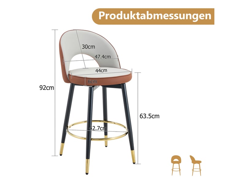  Lot de 2 tabourets de bar 44x47.4x92cm – pivotants à 360° avec dossier ajouré et repose-pieds – similicuir pu - gris clair et marron  - Conforama C