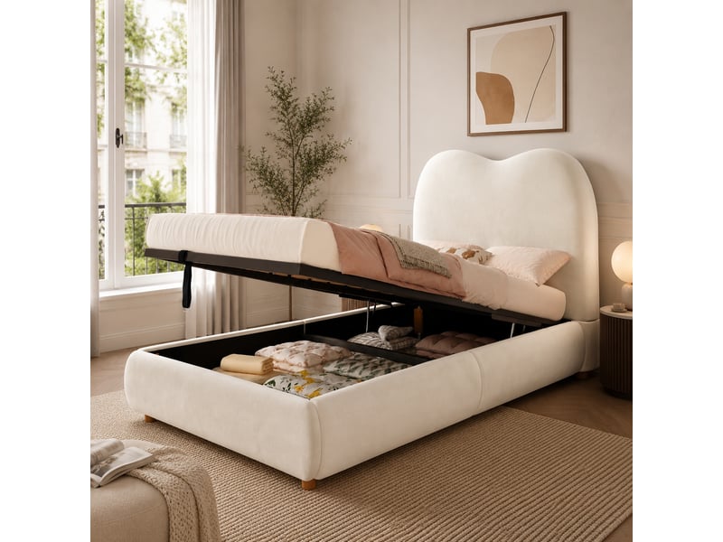  Lit coffre 90 x 190 cm - rangement hydraulique - sommier à lattes - tête de lit rembourrée - velours beige  - Conforama B