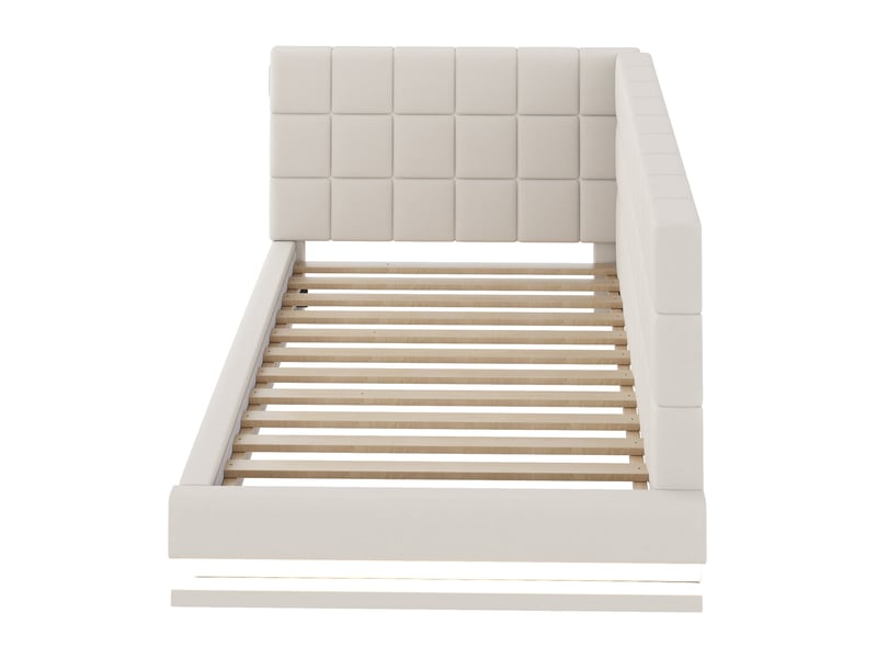  Lit banquette 90x200 cm en tissu beige, led, usb, sommier à lattes, design multifonction  - Conforama E