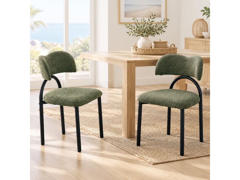  Chaises de salle à manger lot de 2 avec dossier incurvé rembourré  - métal noir, tissu vert  - Conforama C