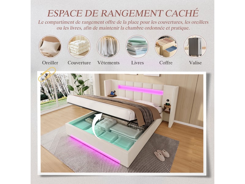  Lit coffre 160x200 en velours beige, ouverture hydraulique, tête de lit extra large, led et ports usb  - Conforama E