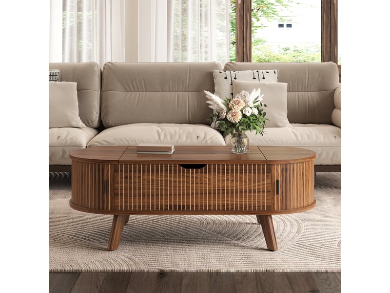 Table basse relevable ovale 110 x 50 x 53,5 cm avec plateau relevable, grand rangement caché et 2 portes coulissantes, mdf, noyer OMNIGLINT TRADING LTD - Conforama C