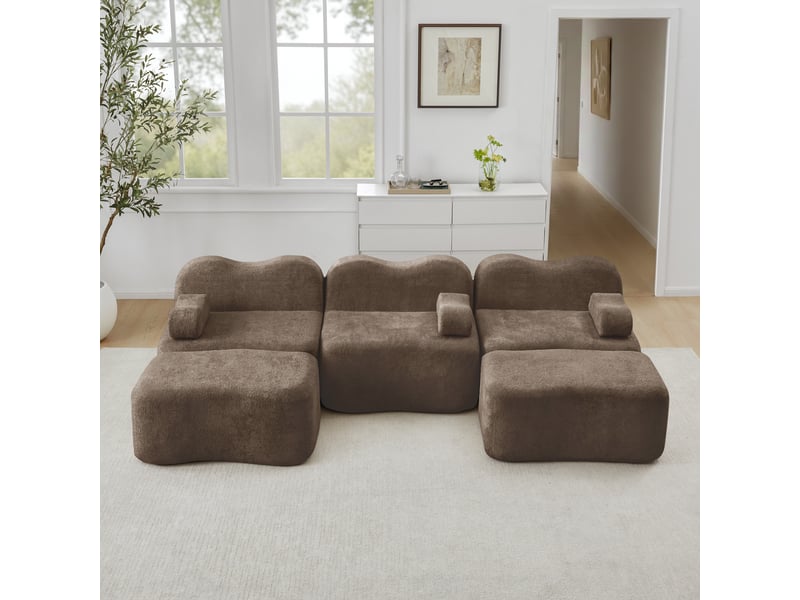  Canapé d'angle modulable en u sans armature avec assise profonde et pouf, en velours brun  - Conforama B