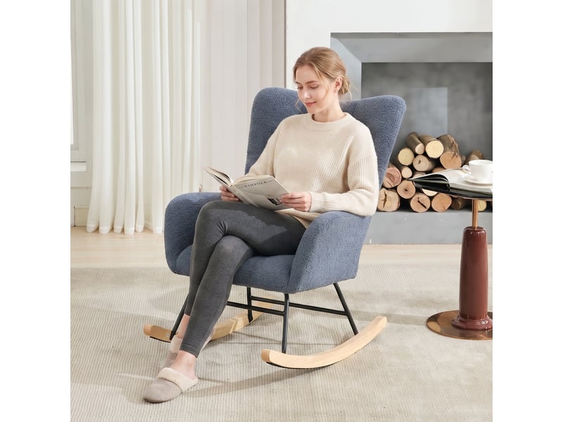  Fauteuil à bascule en tissu bouclette avec poche, fauteuil d'allaitement bleu marine, base en bois massif, 65x77x90 cm  - Conforama B